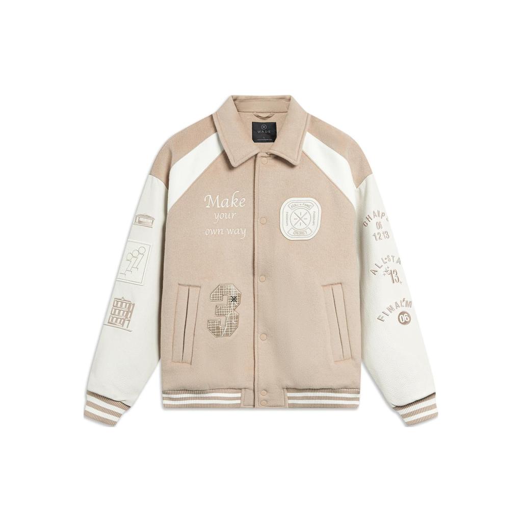 Li-Ning Wade Hall of Fame Series Contrast Graphic Print Loose Jacket with Turn-Down Collar Unisex Jacket Light-Glazed-Brown Off-White AJPT005-3