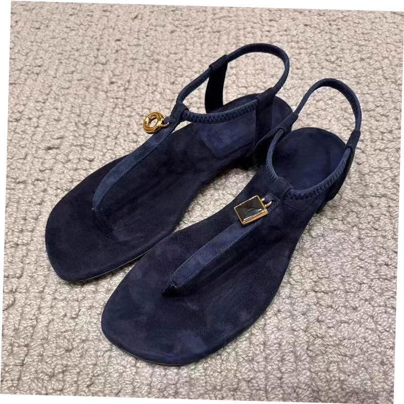 Sheepskin version~ Retro metal buckle toe flat sandals versatile simple word with Roman beach cool slippers women