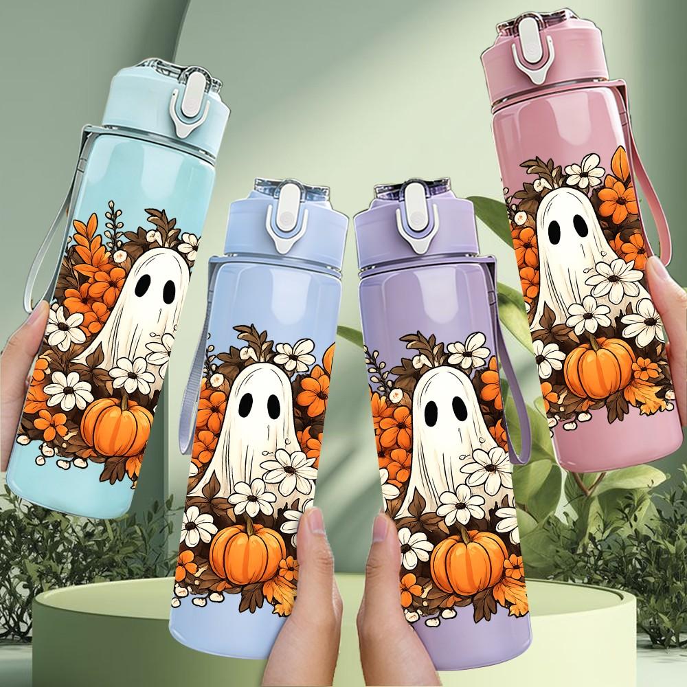 1PC Pumpkin Ghost Autumn Art Print 750ml Color Plastic Sports Water Bottle Leakproof Flip Straw Lid Suitable for Sports Office Home Use