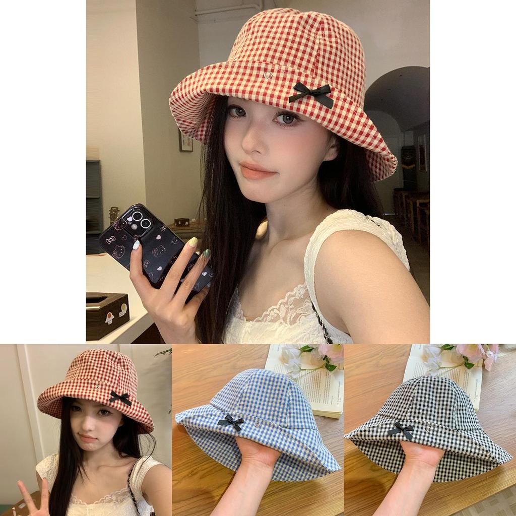 Korean Versatile Checkered Bowknot Fisherman Hat For Women Great For Sun Protection And Wear Seasonal