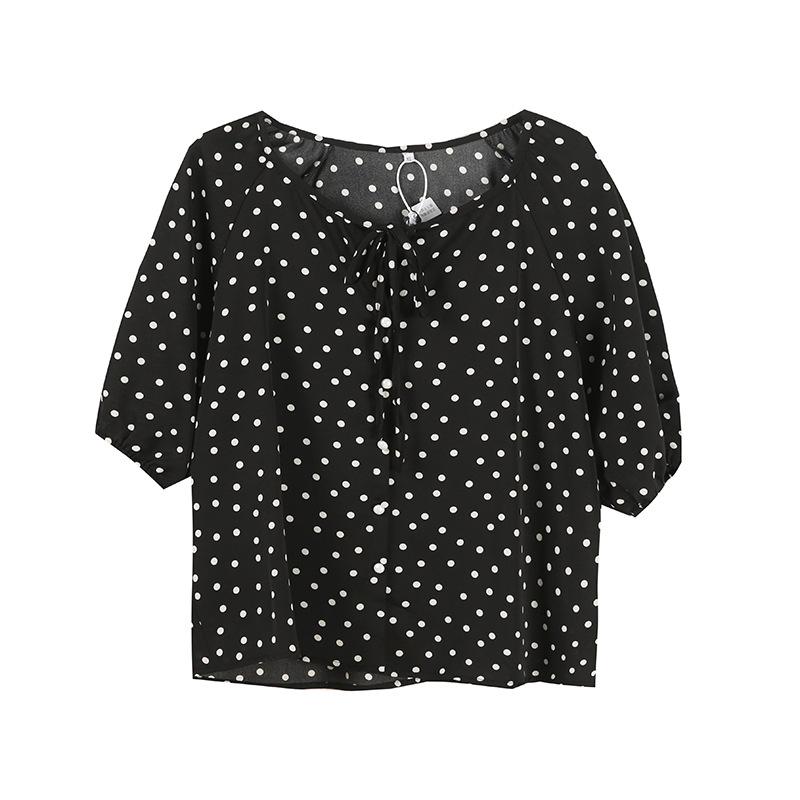 French temperament round neck polka dot shirt summer new niche shoulder sleeves thin cool top 261518