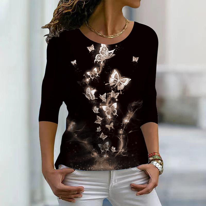 Women Autumn Tops Loose Blue Crystal Butterfly Print Causal Long Sleeve T-shirt Top Blouse