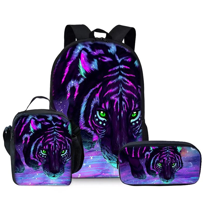 Set di Zaini a Tre Pezzi Re Tigre Feroce per Ragazzi e Ragazze Migliori Regali Zaino Scolastico Cartoon Piatto 2D per Bambini