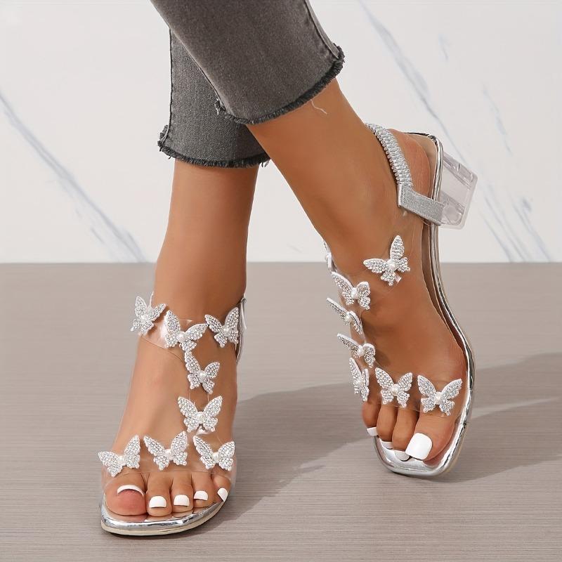 Sandalias de tacón grueso para mujer, tacones medios con puntera abierta cuadrada y perlas de imitación de diamantes de imitación de mariposa, elegantes sandalias con correa elástica