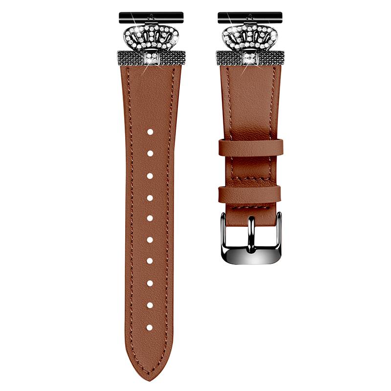

For LG Watch Sport Black Buckle Wrist Band Rhinestone Crown Design Cowhide Watch Strap Brown