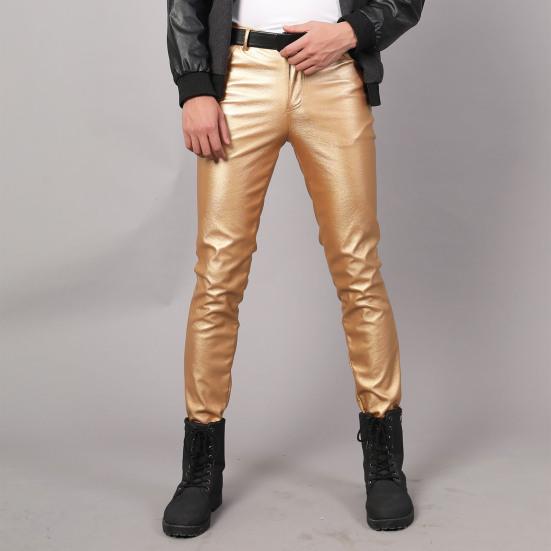 Men Faux Leather Pants Mid Waist Slim Fit Smooth Button Zipper Placket Solid Color Waterproof Hip Hop Style Streetwear Party Club Performance Trousers