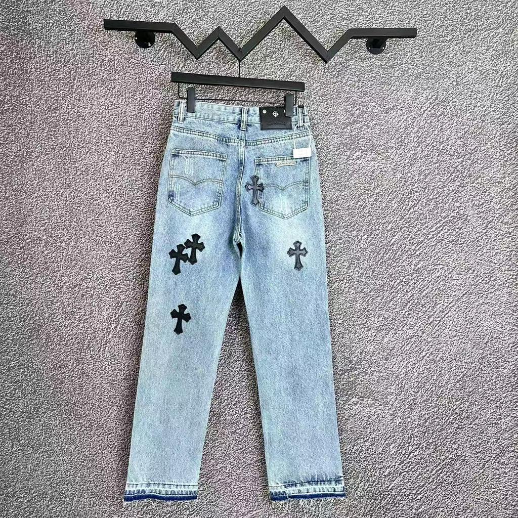 99150 CHROME HEARTS Pánské a dámské trendy džíny v americkém stylu s látkovými nášivkami, výšivkou, ležérní a módní high street kalhoty