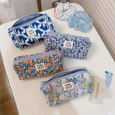 Fresh Ocean Blue Pen Bag Stationery Storage Bag Simple Floral Cosmetics Storage Bag Student Pencil Case Back To School