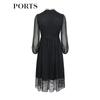 PORTS Women's Mesh Pleated Long Sleeve V-Neck Dress