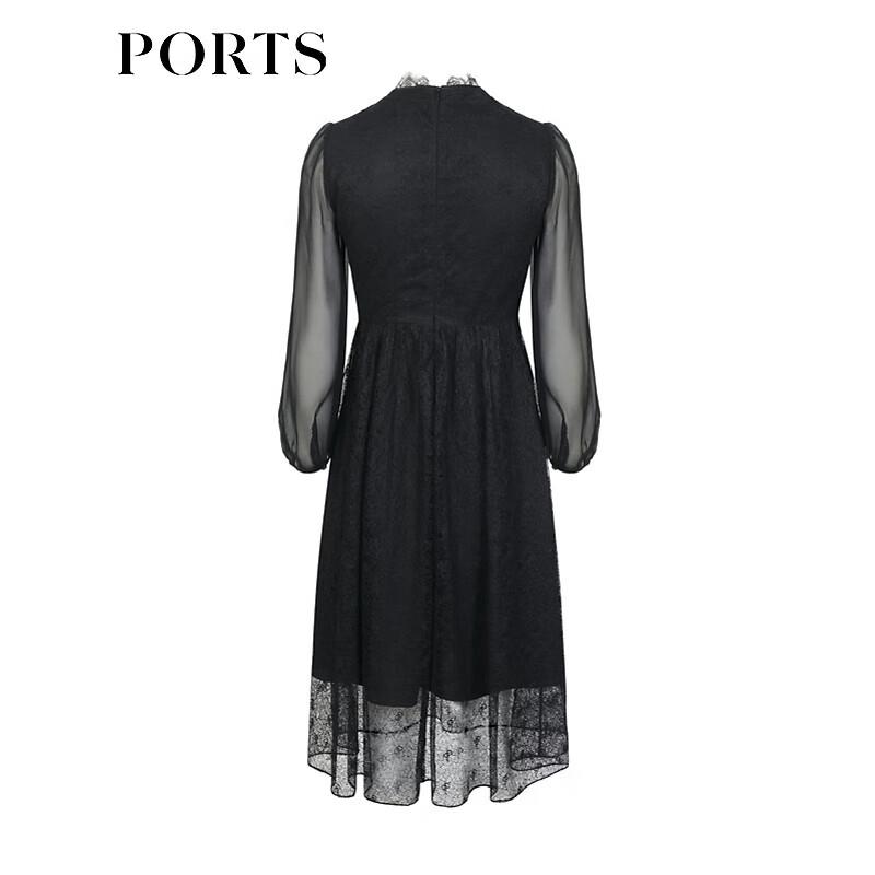 PORTS Women's Mesh Pleated Long Sleeve V-Neck Dress