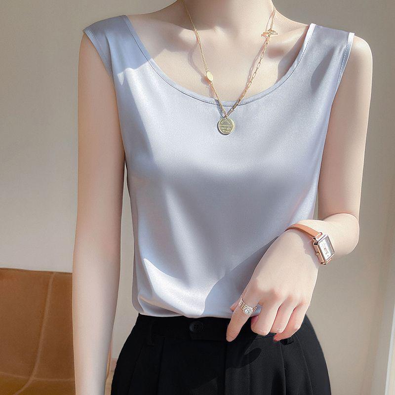 Women's Loose Silk Camisole Vest - Sleeveless Satin Round Neck Top for Summer
