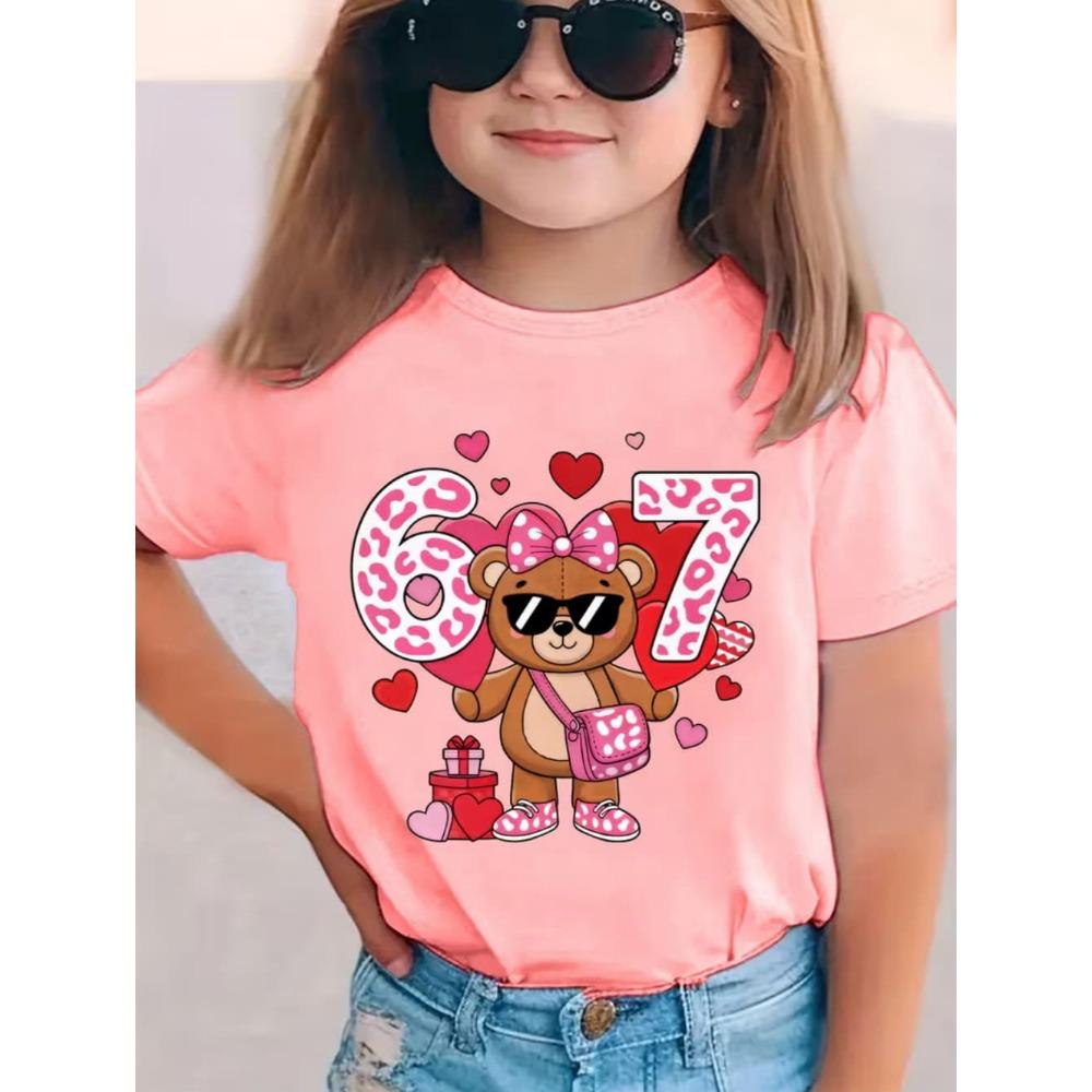 Children's Cute Girl T-Shirt Cartoon Bear Digital 67 Print Fashion Round Neck Short Sleeve Top Clothing Gift Children's Clothing