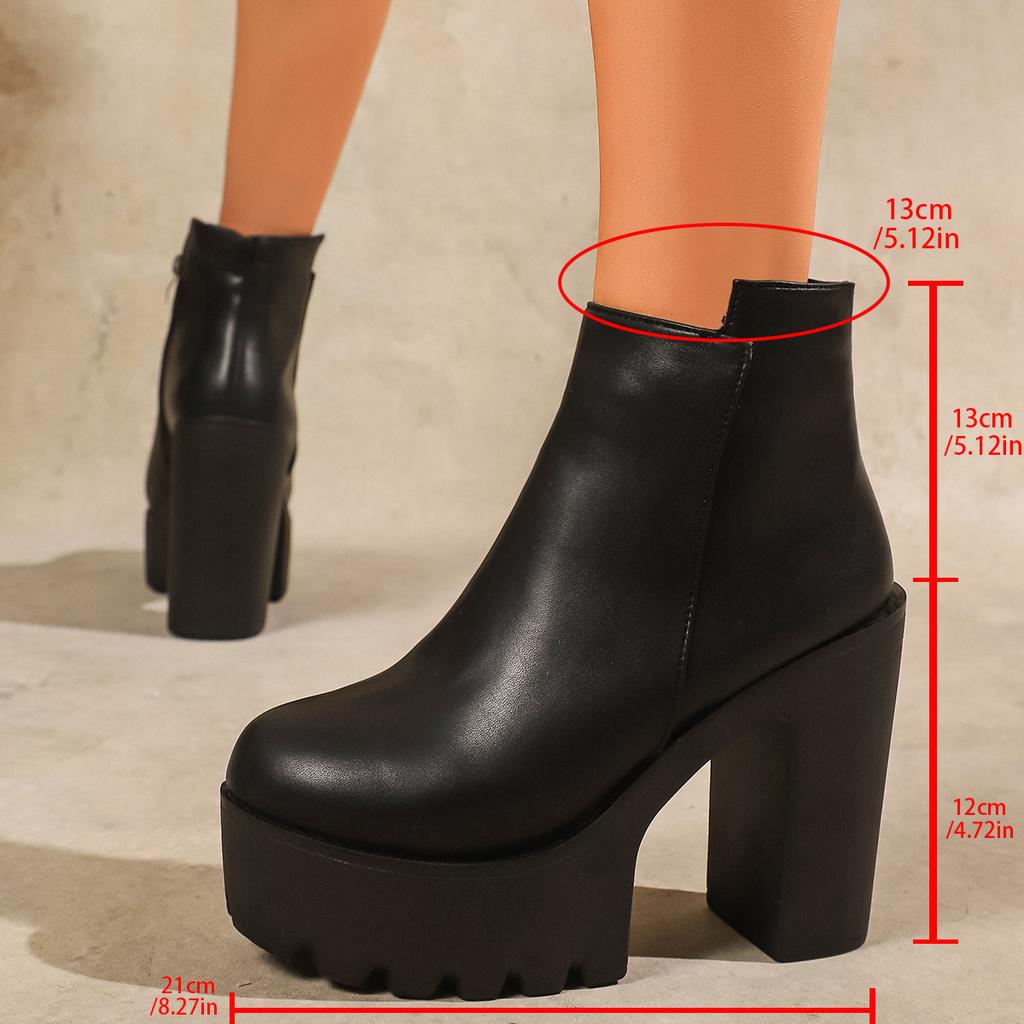 British Style Side Zipper High Heel Boots Street Style Chunky Heeled Ankle Boots for Women Leather Black Thick Bottom Botines