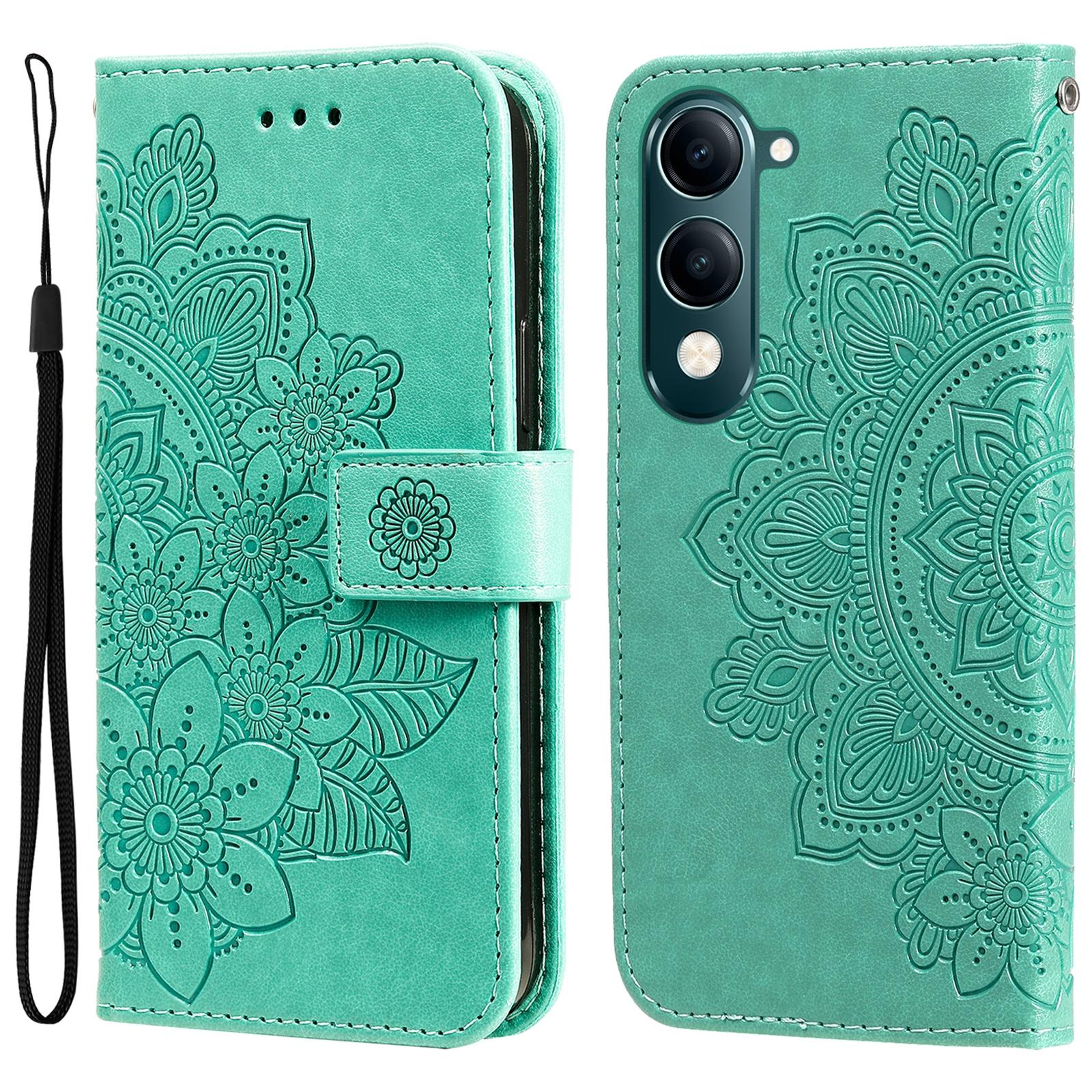 

For vivo Y29s 5G/Y04 4G Case Floral Pattern PU Leather Wallet Stand Phone Cover Green