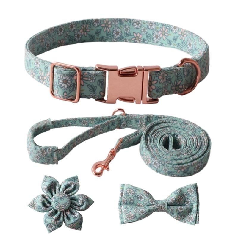 Fashion Dog Collar+Leash+Necktie Set Completes with Colorful Floral Print Bow Perfect for Pets Outstanding in the Crowd