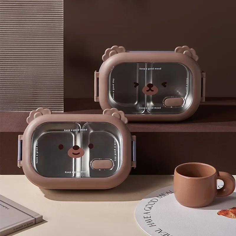 Cute Bear-Shaped Lunch Box Stainless Steel Double Grid Bento Box with Heat Preservation Dividers for Students Office Workers