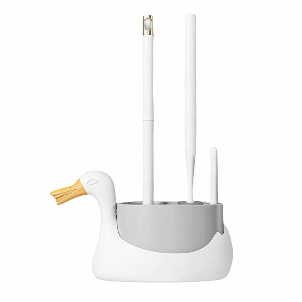 Wall-Mounted Cartoon Swan Toilet Brush With Base White Grey Cleaning Tool Soft Rubber Brush Head All-Round Cleaning