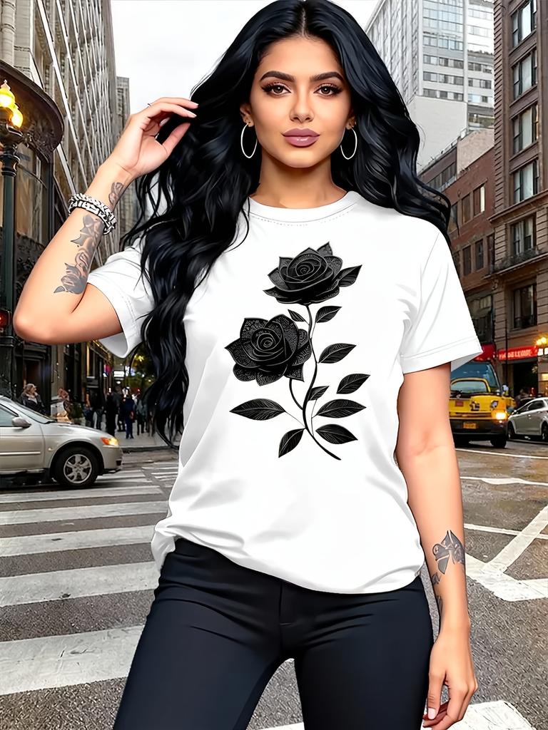 Casual T-Shirt Unique Rose Pattern Print TopRefinedRound Neck Style Breathable And Lightweight Perfect for Spring And Summer