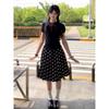 Korean-Style Black Button-Down Design Knitted Short-Sleeved T-Shirt for Women, Summer High-Waisted Slimming Polka Dot A-Line Skirt Two-Piece Set
