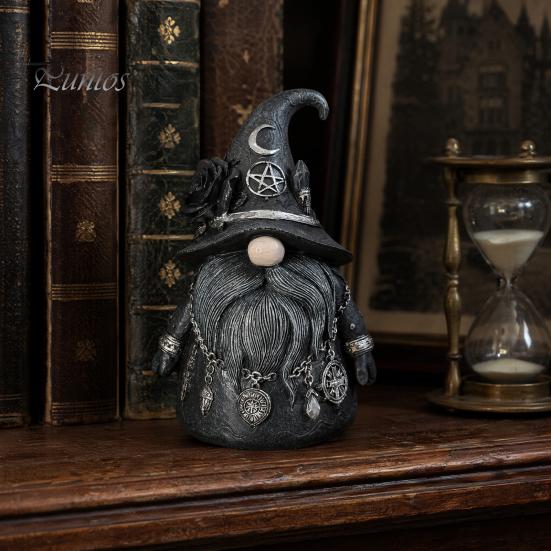 Crystal Stone Ornament Wizard Hat Faceless Gnome Figurine, Mystical Home Decor Statue with Crescent Pentagram Black Rose Witch-themed Display