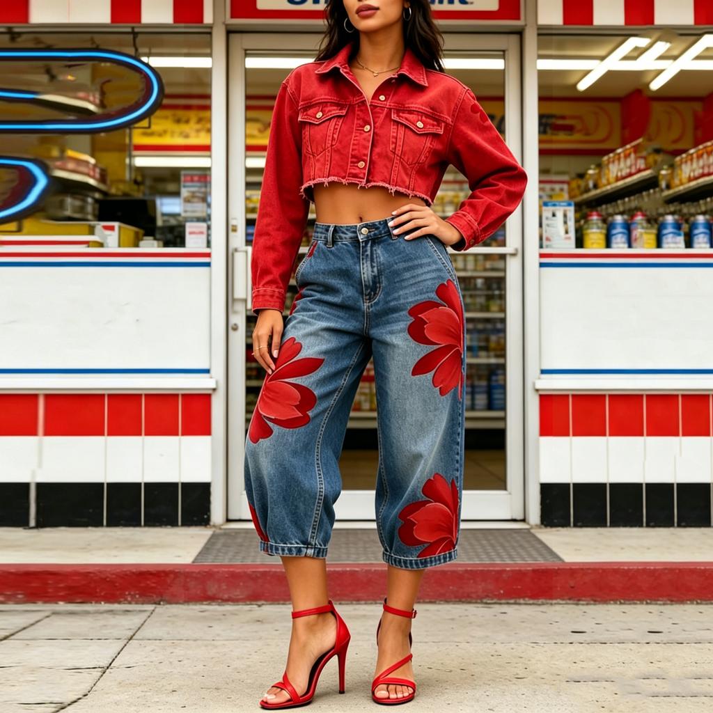 Women's Fashion Floral Print Denim Casual Wide Leg Pants High Waist Loose Fit Comfortable Bottoms Suitable for Everyday Wear