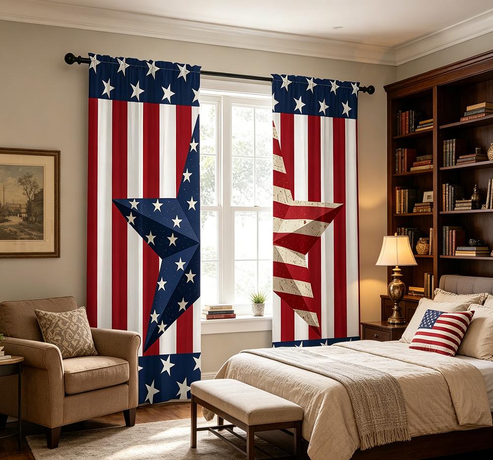 Digital Printed Curtains, Red Blue White Stars Pattern, Beautiful Window Drapes for Living Room Bedroom Home Decor