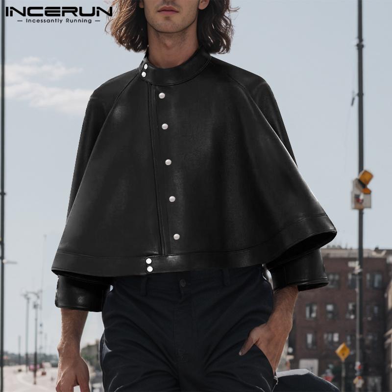 

INCERUN Men Long Sleeve PU Leather A-line Coats Buttons Jackets S чёрный