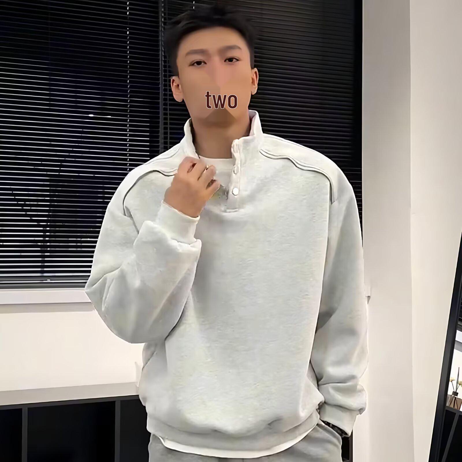 

Light Gray Men s Stand-up Collar Hoodie with Snap Buttons – Trendy Deconstructed Design for Autumn/Winter XL сірий колір/білий