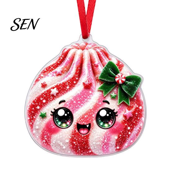 Colorful Cartoon Pattern Decor 2D Acrylic Christmas Ornament, Cute Luck Bag Bun Hanging Decor, Seasonal Decorative Crafts Tree Pendant for Holiday