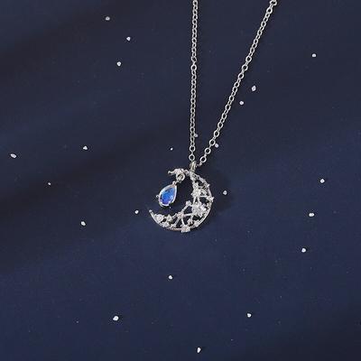 925 Sterling Silver Link Chain Zircon Moon Colorful Water Drop Charm Necklace Pendant For Women Girls Jewelry Accessories Dz398