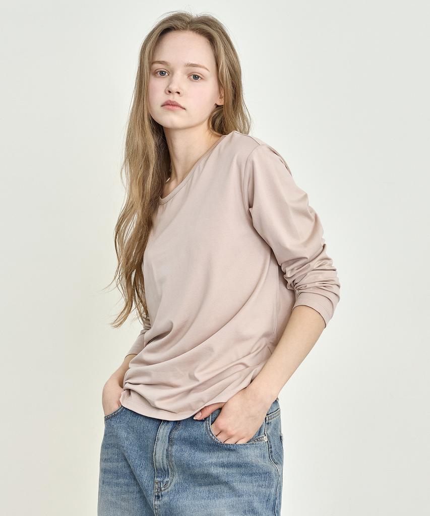 BASIC HOUSE Women'S Flowy Spandex U-Neck Oversized Long Sleeve T-Shirt Dark Beige