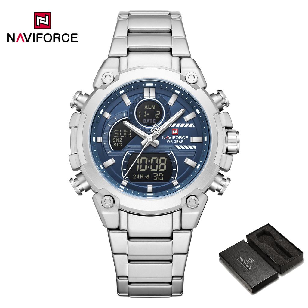 Naviforce Men Dual Time Watch Quartz Movement LCD Digital Chronograph Luminous Hands Stainless Steel Strap Waterproof Men Watch NF9278