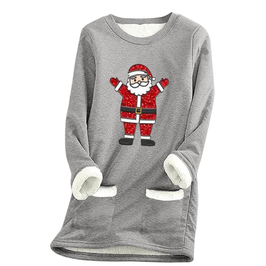 Ladies' Loose And Comfortable Round Neck Christmas Print Thick With Pockets Long Sleeved Top