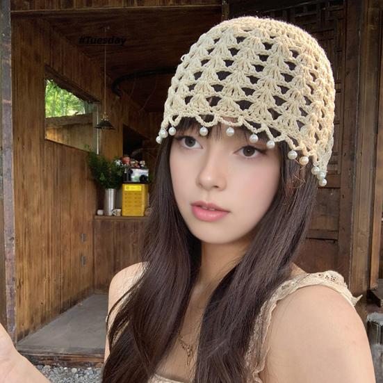 Knitting Hat Bohemian Style Hollow Design Women Hat with Faux Pearls Pendant Lightweight Elastic Hat Headwear