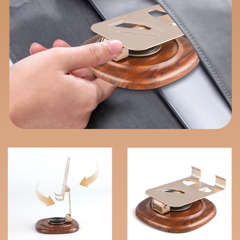 Support de téléphone en métal Support Rotation à 360 degrés Ergonomique Pliable Portable Base en bois de noyer Port de chargement inclus