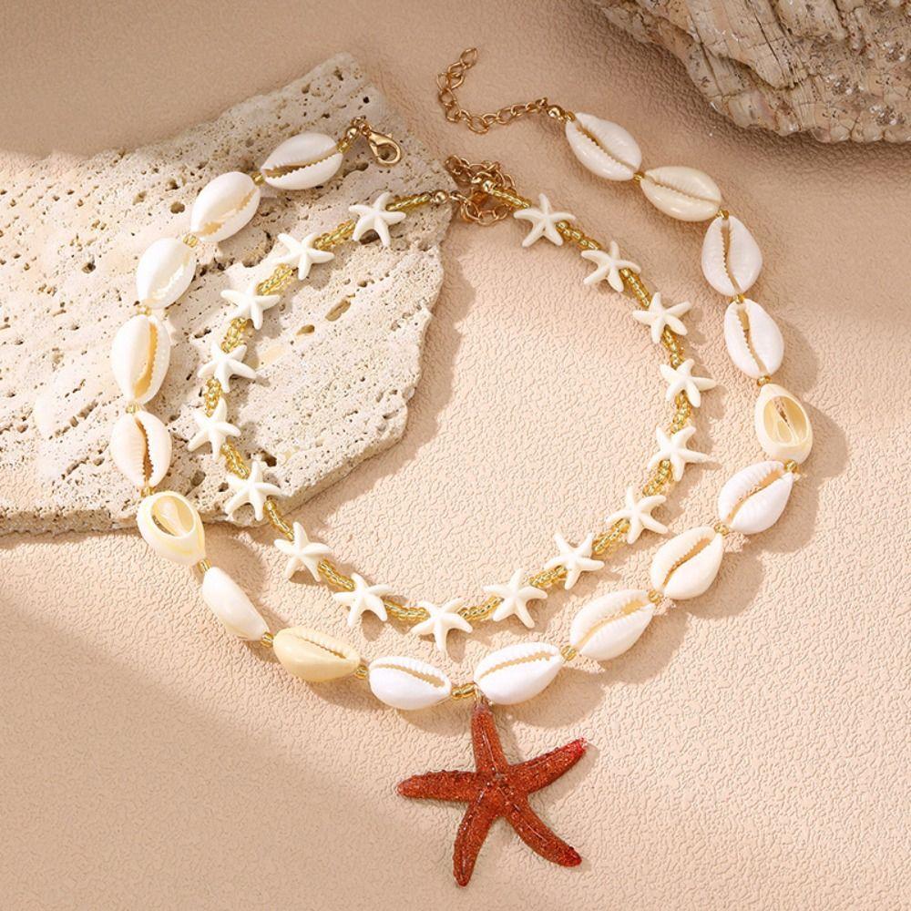 Texturierte Stränge Strand Boho Halskette mit Seestern Choker Neue Muschel Halskette für Damen Mädchen