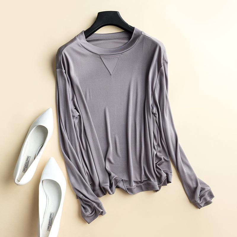 New Women's Silk Long-Sleeve Round Neck T-Shirt - Loose Fit Korean Style for Autumn