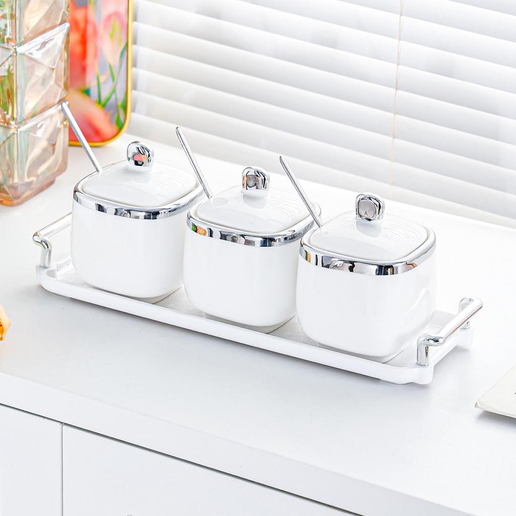 High-End Ceramic Seasoning Jar Set with Spoon - Moisture-Proof and Stylish Salt & Spice Containers for Kitchen