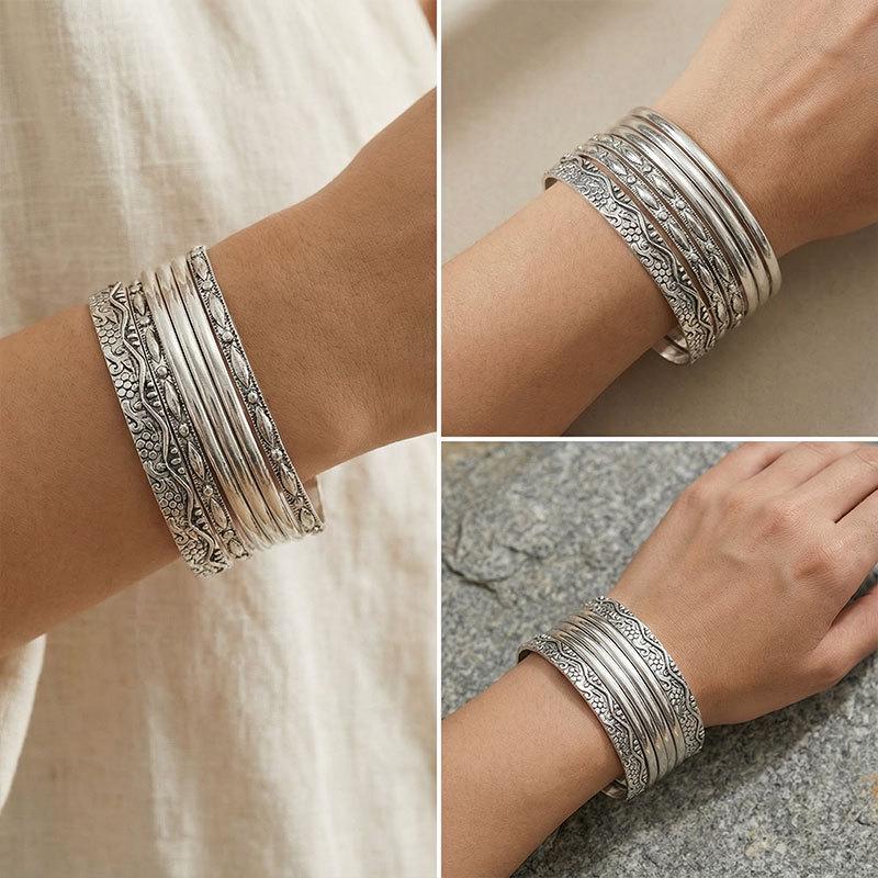 Bohemian Style Metal Bracelet Set with Water Ripple Design - Stackable, Exaggerated Heavy Industry Aesthetic.