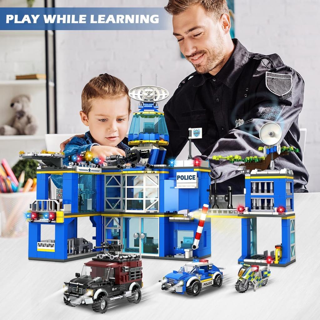 HOGOKIDS City Police Station Building Set - 1260 PCS Police Building Block Toys with Helicopter Motorcycle Police Vehicle Bandit Car, STEM Police