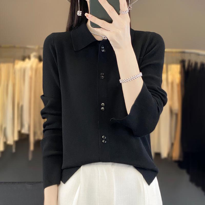 Women s Wool Blend Layered Polo Collar Long Sleeve Pullover Sweater Jacket Large