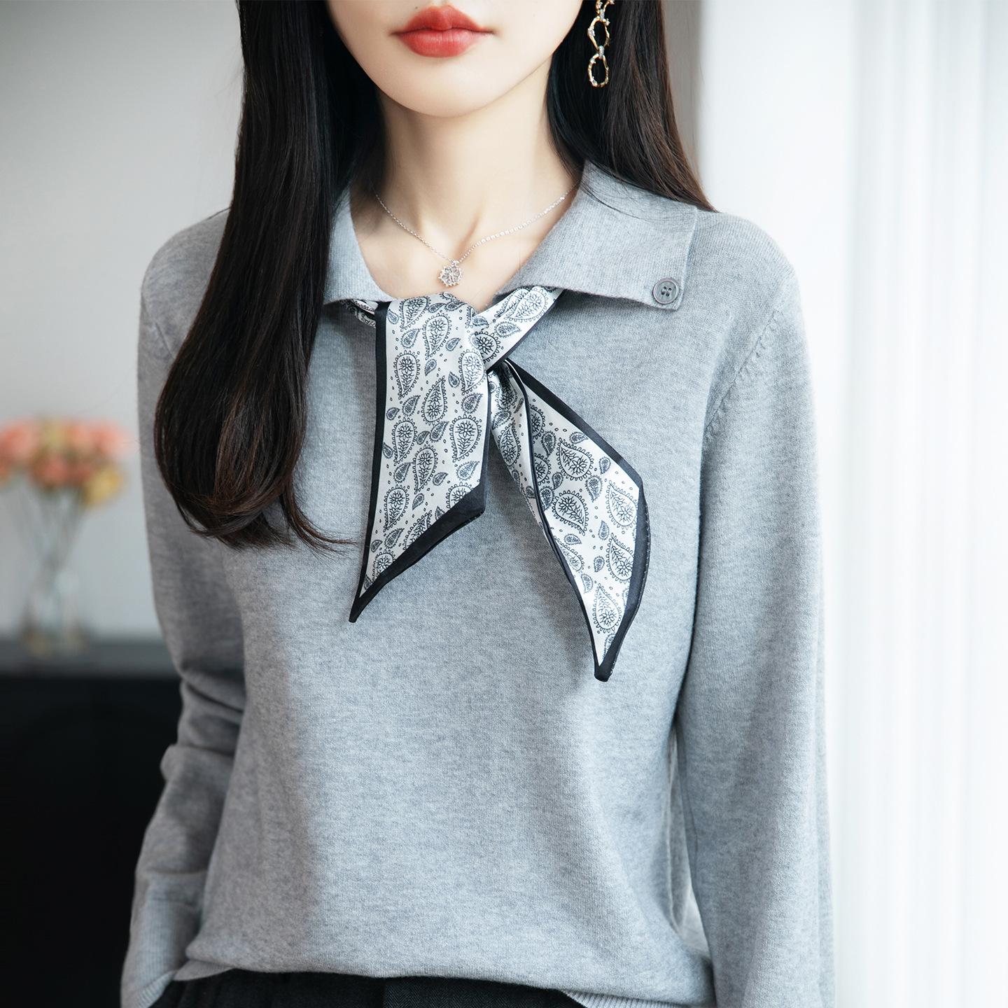 

Light Luxury Polo Collar Silk Scarf Knitted Sweater, Long-sleeved Sweater, Women s Autumn and Winter Fashionable Loose and Casual Lapel Top M сірий колір