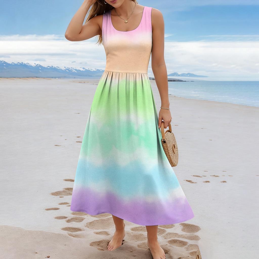Ladies' Gradient Printed Summer Casual and Fashionable Sleeveless Long Dress