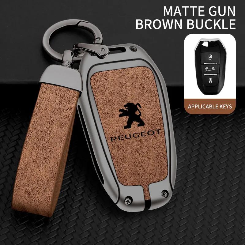 Car Sticker 2025 Hot Zinc alloy car key cover suitable for Peugeot 308 408 5008 2008 high-end genuine leather car remote key bag