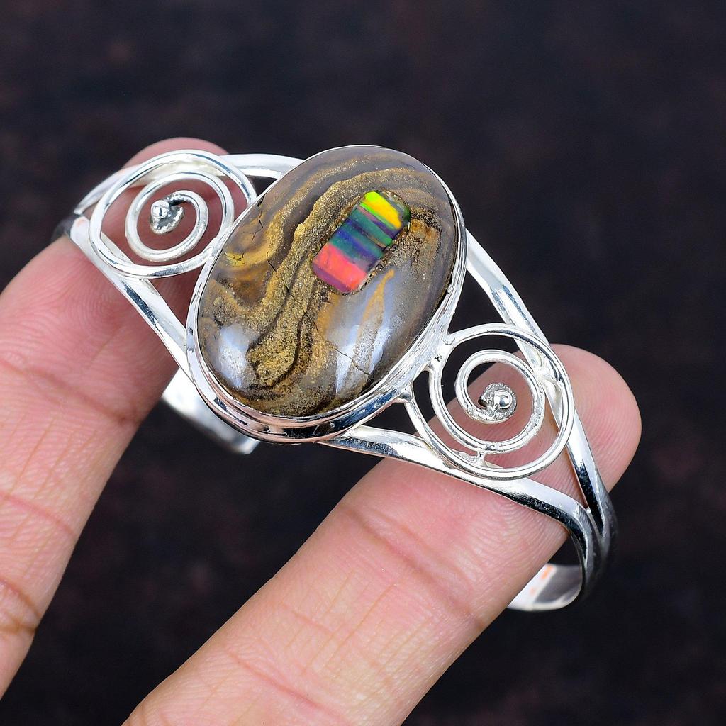 Ethopian Opal In Boulder Opal Cuff Bracelet 925 Sterling Silver Bangle Gemstone Adjustable Cuff Bracelet Handmade Jewelry Gifts for Mother
