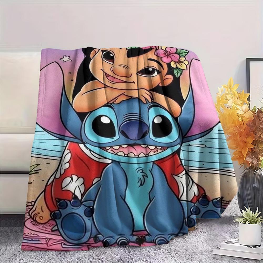 Lilo Sitting On Stitch Head Flower Crown Sunset Beach Print Flannel Blanket Soft Warm Throw Blanket For Home Sofa Bedroom Gift