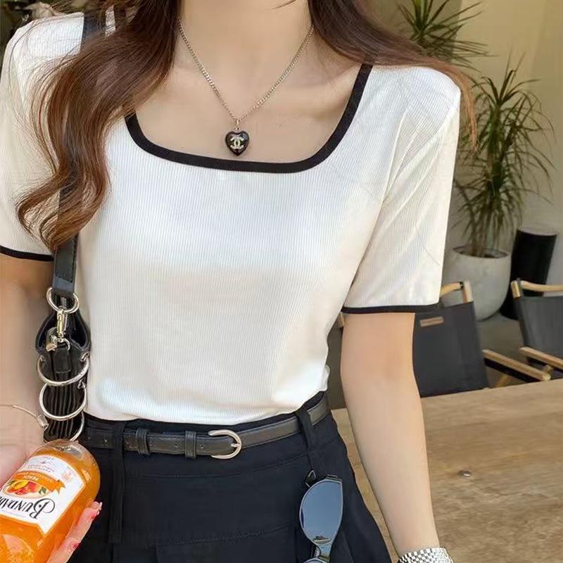 

Новая летняя женская одежда. Футболка женская с квадратным вырезом, большого размера, облегающая и стройнящая. M белый