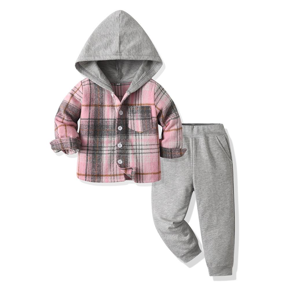 Children's Single-breasted Hooded Long-sleeved Plaid Top and Casual Pants Two-piece Set Spring