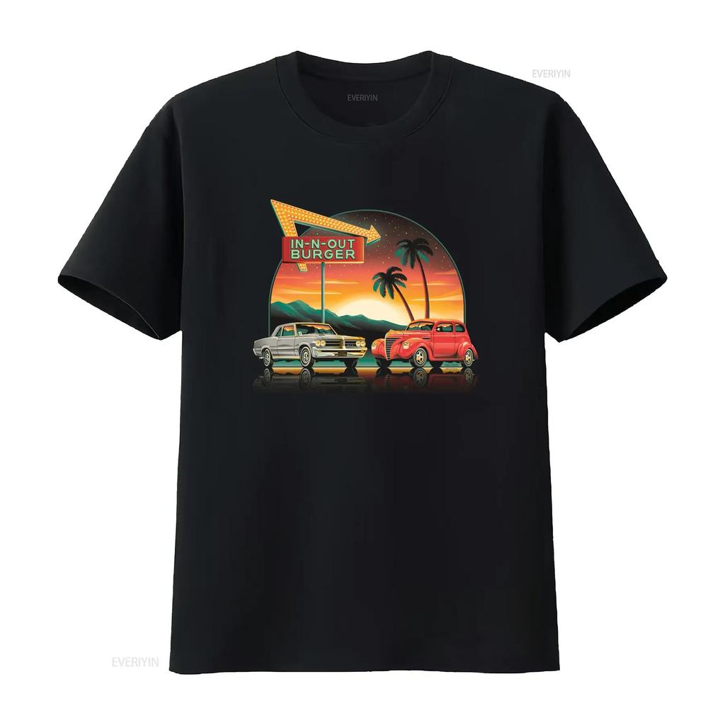 Vintage Retro Classic Cars Sunset Palm Tree Neon Sign Print Casual T Shirt vintage Washed Sligh