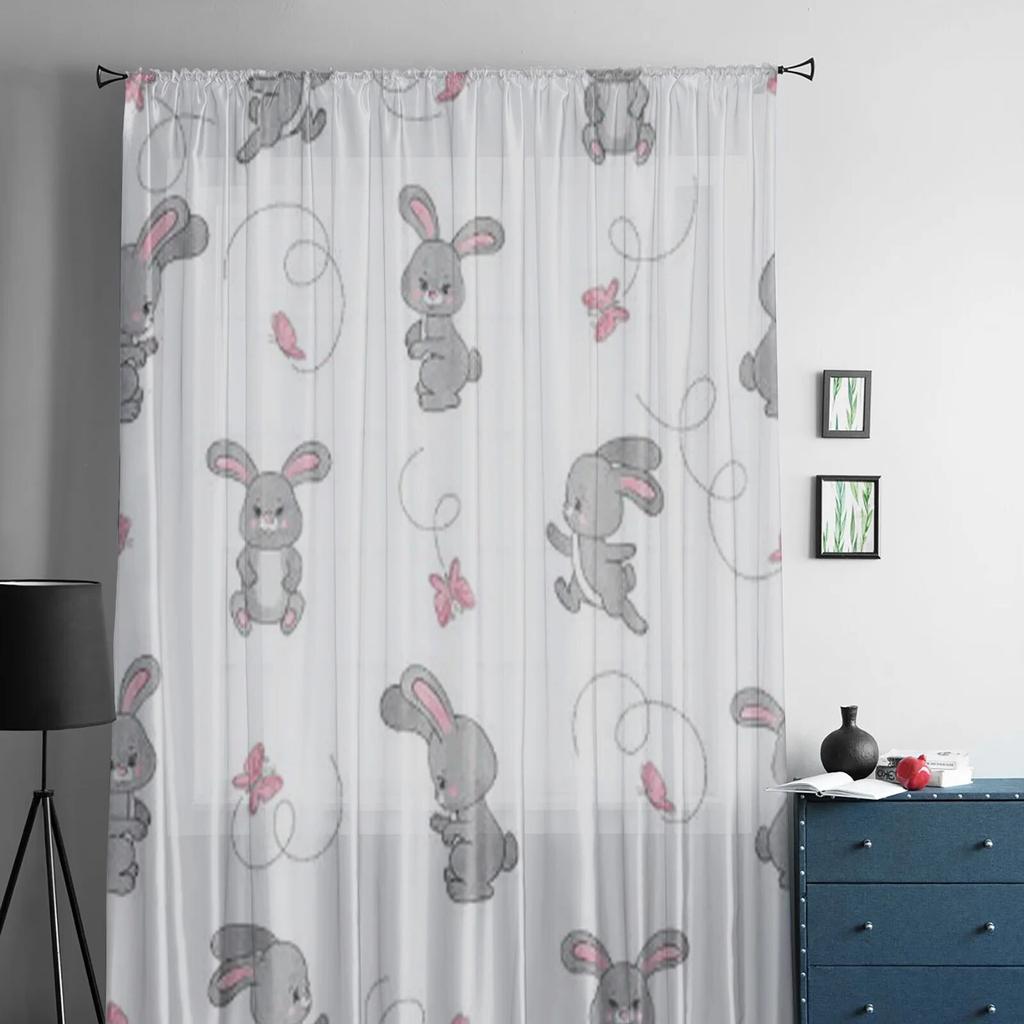 Niedlicher Cartoon-Hase und Schmetterlinge, Tüll-Vorhang für Wohnzimmer, durchsichtiger Volant-Vorhang für Küche, Schlafzimmer, Fenstervorhänge